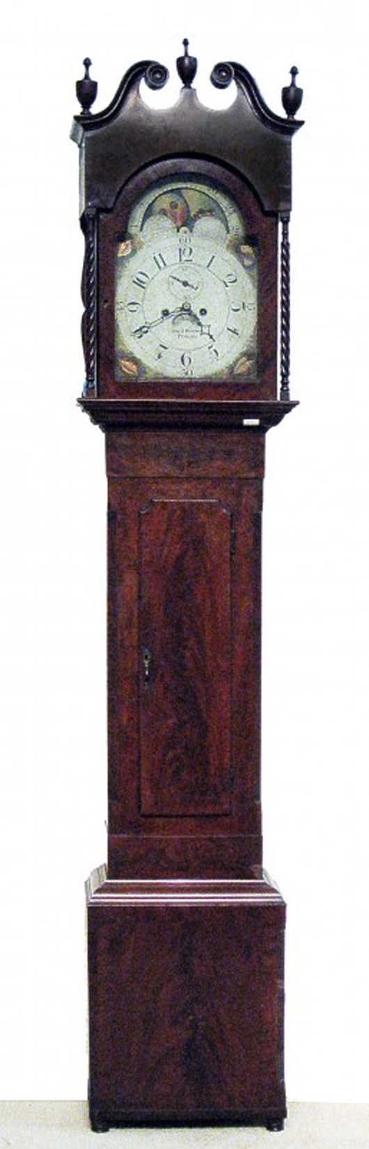 Bidding on this fine mahogany tall-case clock signed David Weatherly of Philadelphia, 97 inches tall, reached $3,525. Image courtesy of Gordon S. Converse & Co.
